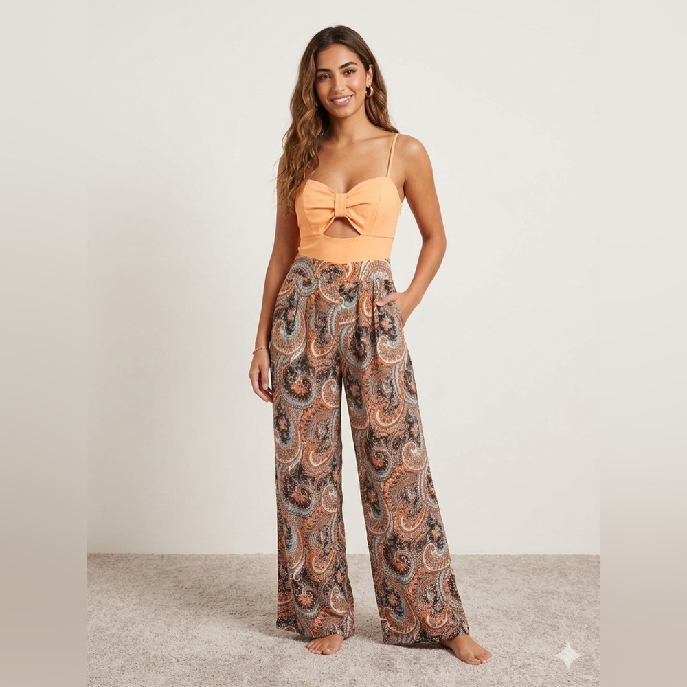 ark & co. Paisley Print Wide Leg Jumpsuit with Bow Cutout - Size S